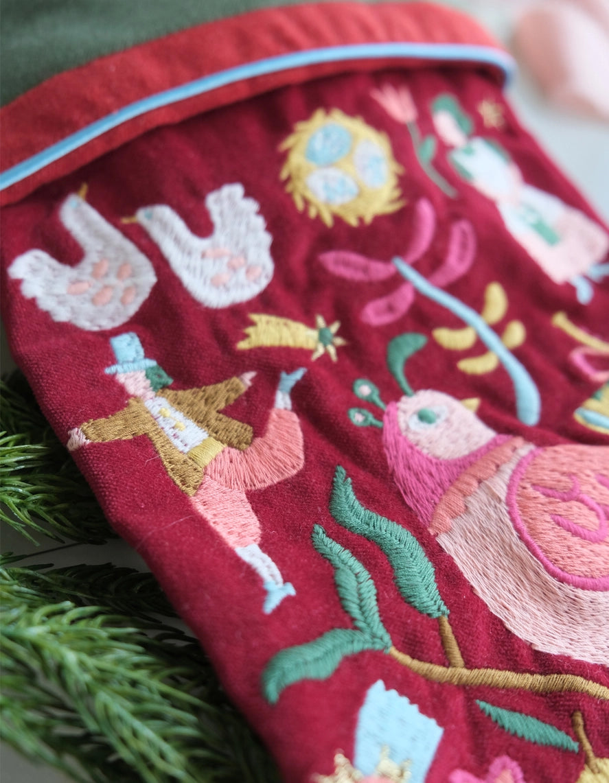 Velvet Embroidered Christmas Stocking | 12 Days of Christmas