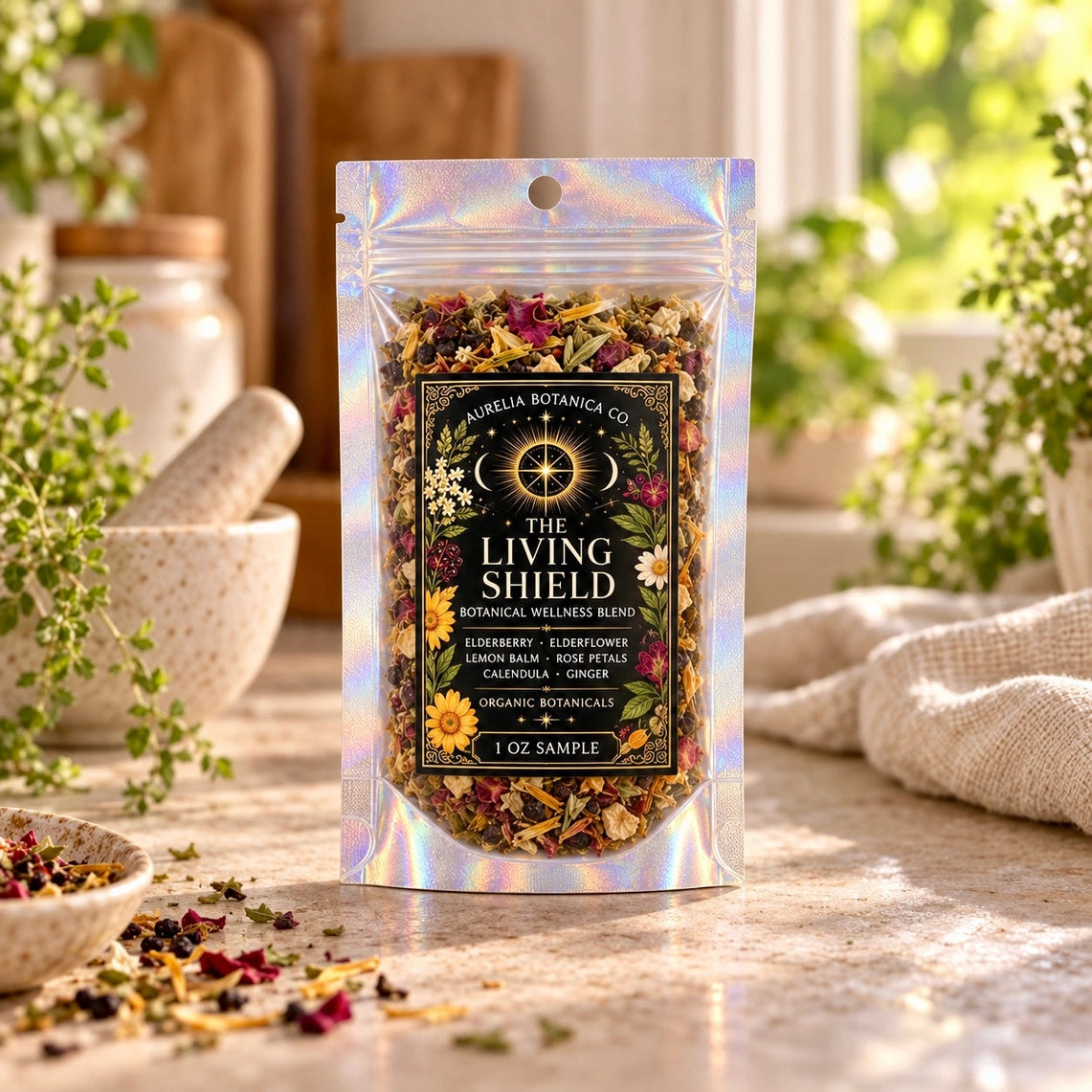 The Living Shield – Elderberry Immunity Herbal Tea | Caffeine Free | Loose Leaf | 1 oz Pouch