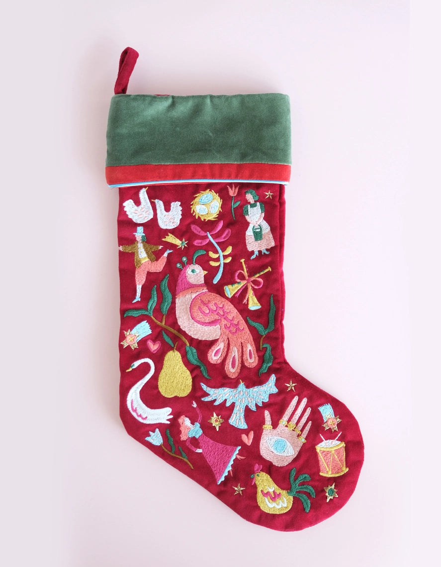 Velvet Embroidered Christmas Stocking | 12 Days of Christmas