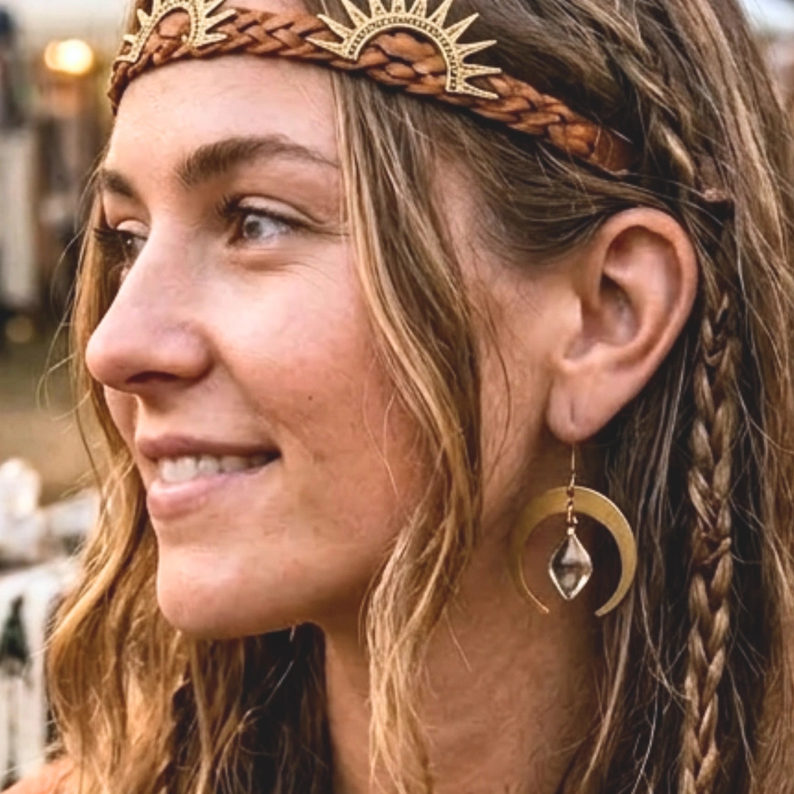 Radiate Lunar Energy: Raw Brass & Crystal Moon Drop Earrings