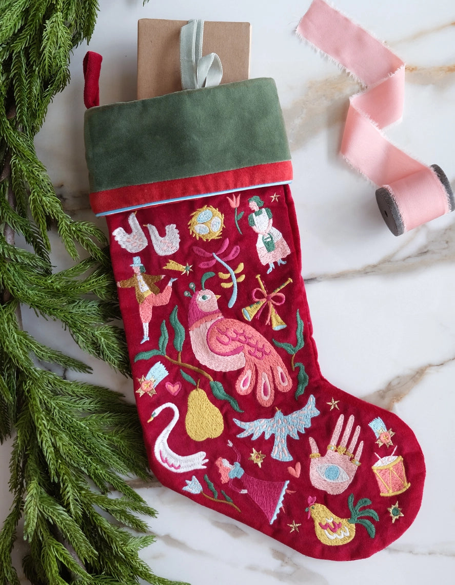 Velvet Embroidered Christmas Stocking | 12 Days of Christmas