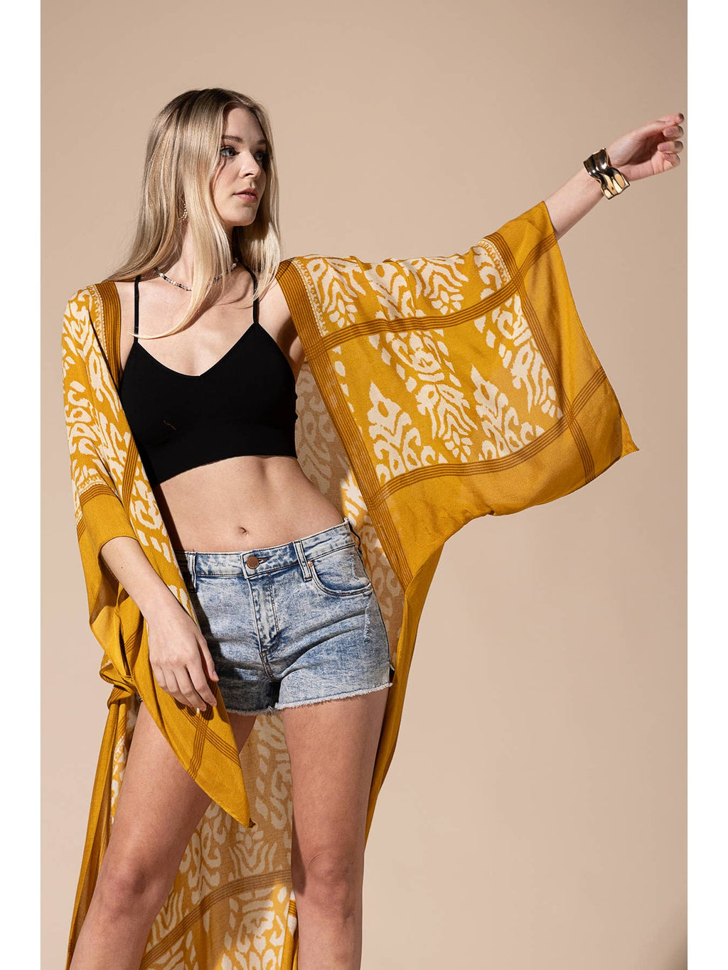 Damask Print Kimono with Sleeves