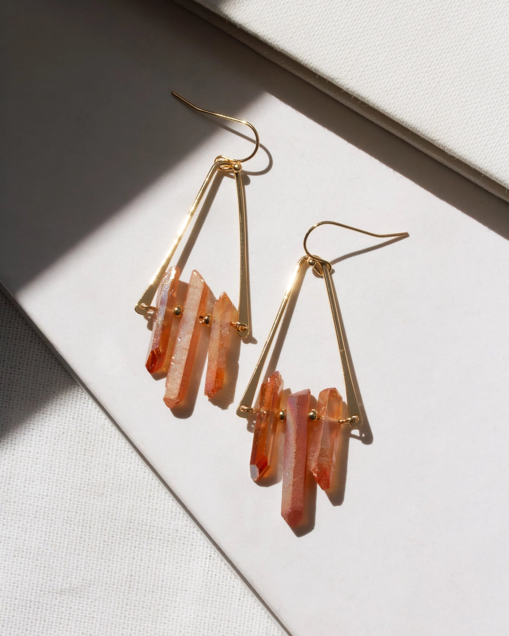 Tri Crystal Fish Hook Earring | Peach Quartz