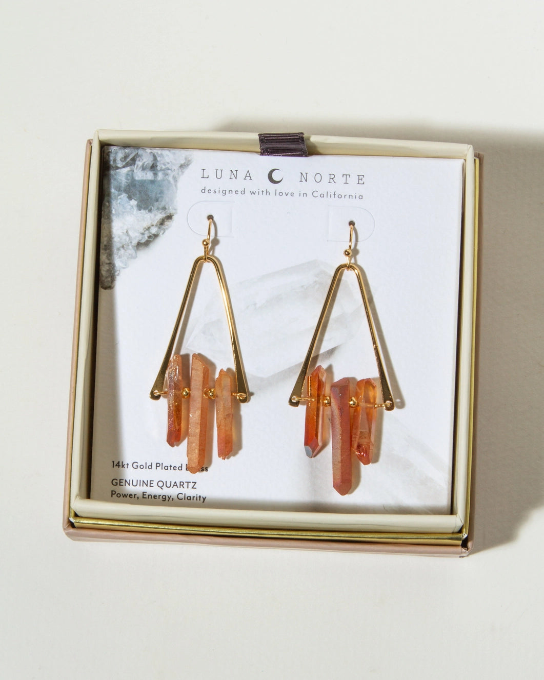 Tri Crystal Fish Hook Earring | Peach Quartz